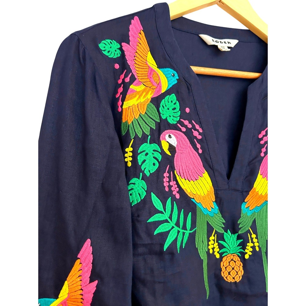 Boden Bonnie Linen Top Navy Blue Parrot Pineapple Embroidered Blouse US 6 - Picture 9 of 12